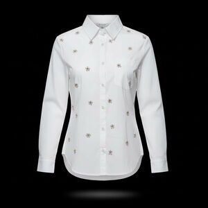 Francesca's Philomena Embellished Faux Pearl Feminine White Button Shirt | XS